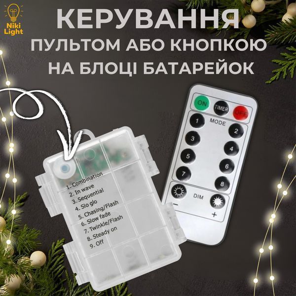 Гирлянда на батарейках роса 2в1 Niki Light 10 метров 100 лед пульт 8 режимов гирлянда от батереек и USB Белый Роса 2в1 10м Б фото
