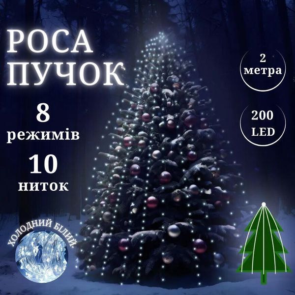 Роса пучок 2 метри 10 ниток Niki Light кінський хвіст з пультом керування 200 Led гірлянда для ялинки на 8 режимів холодний білий роса пучок 2м 10н білий фото