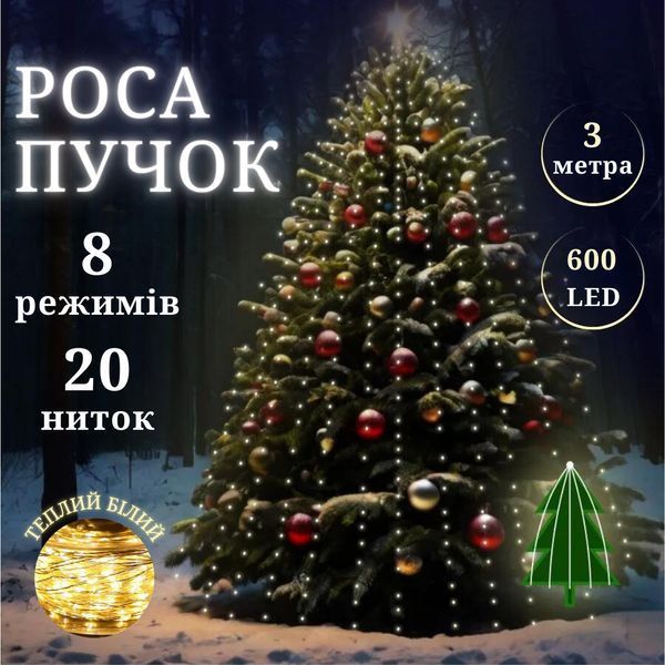 Роса пучок 3 метри 20 ниток Niki Light кінський хвіст з пультом керування 600 Led гірлянда для ялинки на 8 режимів теплий білий роса пучок 3м 20н тб фото