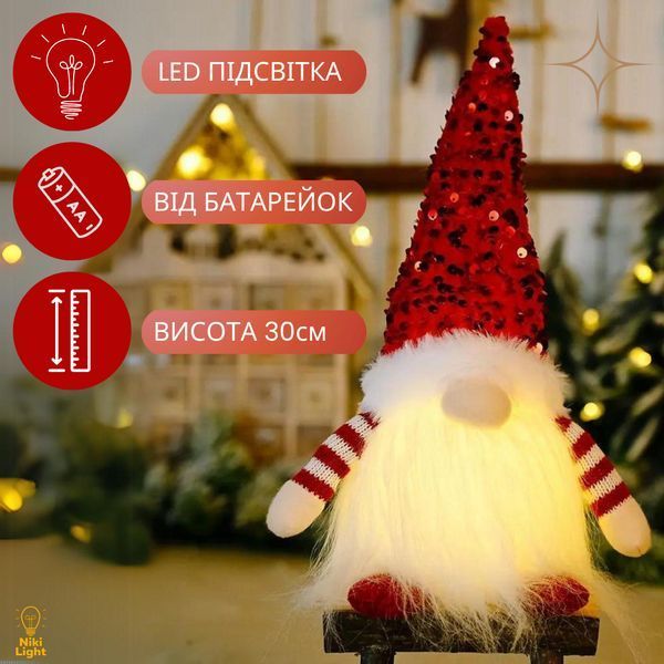 Новогодний гном с подсветкой новогодняя фигурка под елку высота 30см батарейки в комплекте Красный гном 30см червоний фото