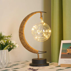 Світильник Півмісяць з живленням від батарейок металева основа скляна кулька, конопляна мотузка