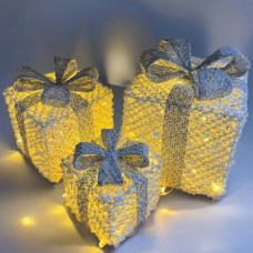 Новорічний декор LED подарунки Niki light набір 3 коробочки білі з срібним бантом Теплий Білий