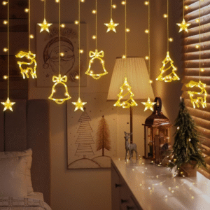 Гірлянда штора на ялинку вікно камін 138 led світлодіодна 3м зі шнуром 1м (подовжувач у комплекті) гірлянди шторки з фігурками дзвіночки ялинки олені IP44 для будинку приміщення лід завіса тепло біла